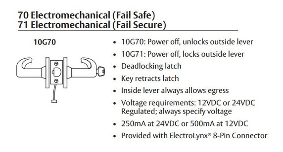 Sargent 2860-10G71-12V Electromechanical Cylindrical Lever Lock (Fail Secure), Accepts Large Format IC Core (LFIC)