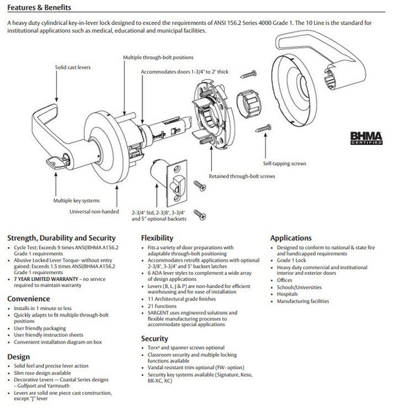 Sargent 2870-10G71-12V Electromechanical Cylindrical Lever Lock (Fail Secure), Accepts Small Format IC Core (SFIC)