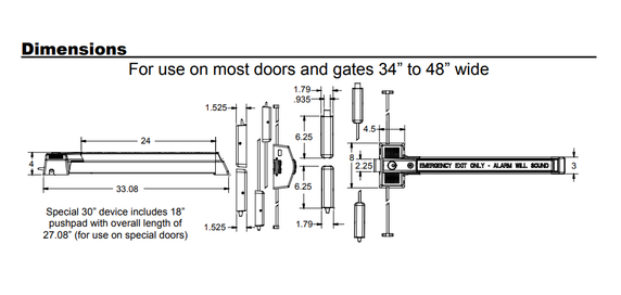 Detex ECL-230X-TDB W-CYL KA Alarm Top Bolt, Dead Bolt and Bottom Bolt Exit Control Lock w/ Cylinder