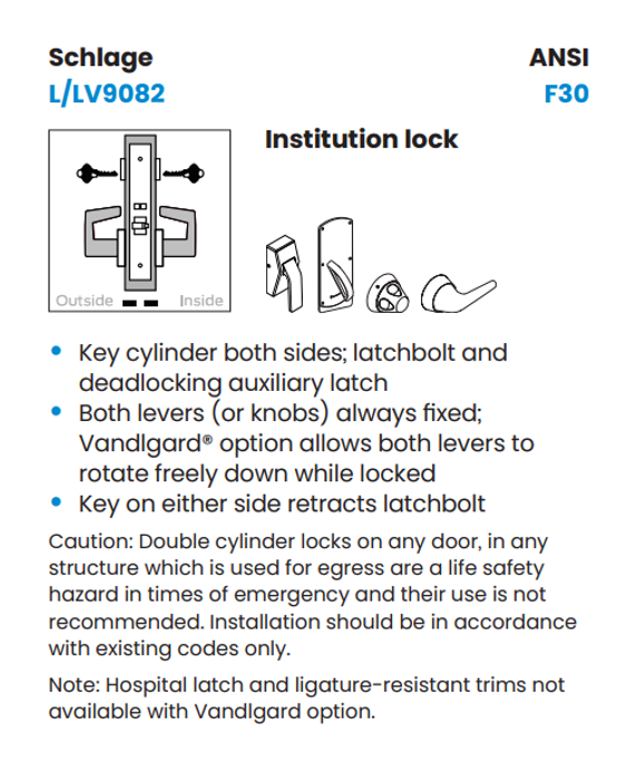 Schlage L9082J 05L Institution Mortise Lock, Accepts Large Format IC Core (LFIC)