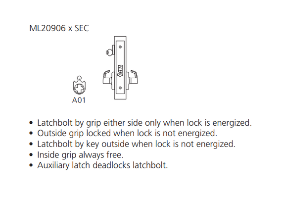 Corbin Russwin ML20906 NSM SEC Fail Secure Mortise Electrified Lock, Outside Cylinder Override