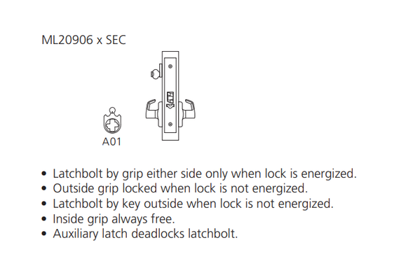 Corbin Russwin ML20906 ASA SEC Fail Secure Mortise Electrified Lock, Outside Cylinder Override