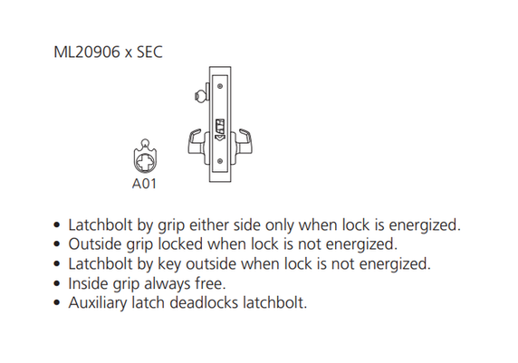 Corbin Russwin ML20906 PSA SEC Fail Secure Mortise Electrified Lock, Outside Cylinder Override