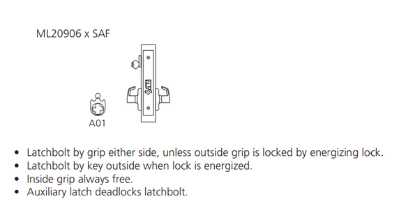 Corbin Russwin ML20906 LL SAF M92 Fail Safe Mortise Electrified Lock, Body Only w/ Request to Exit Monitor