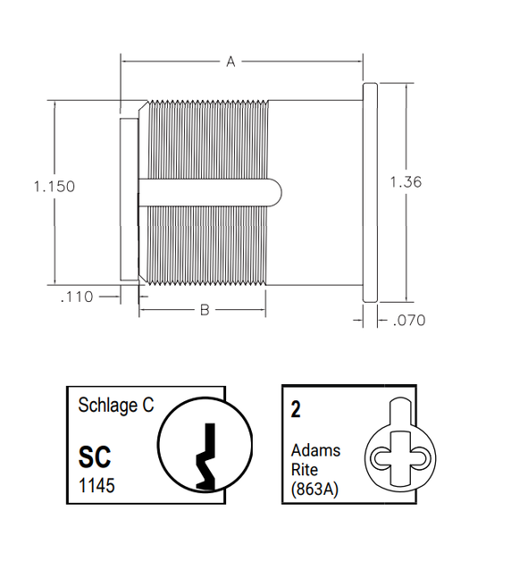 Kaba Ilco 7165SC2-KD 1" Mortise Cylinder, Schlage C Keyway, Adams Rite Cam, Keyed Different