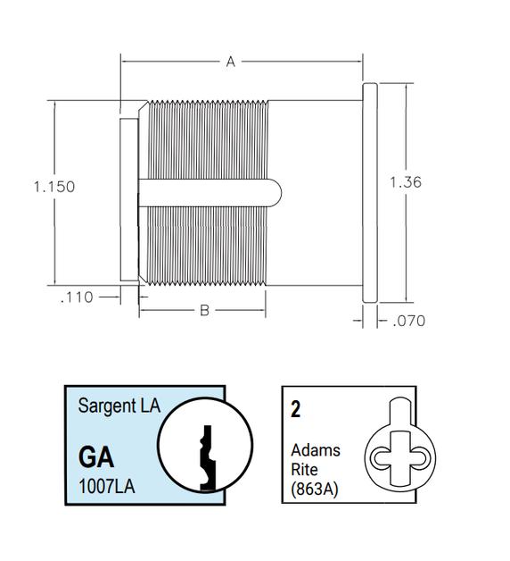 Kaba Ilco 7165GA2-KA2 1" Mortise Cylinder, Sargent LA Keyway, Adams Rite Cam, Keyed Alike in Pairs