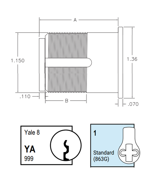 Kaba Ilco 7185YA1-KA2 1-1/8" Mortise Cylinder, Yale 8 Keyway, Standard Cam, Keyed Alike in Pairs