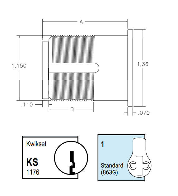 Kaba Ilco 7185KS1-KA2 1-1/8" Mortise Cylinder, Kwikset Keyway, Standard Cam, Keyed Alike in Pairs