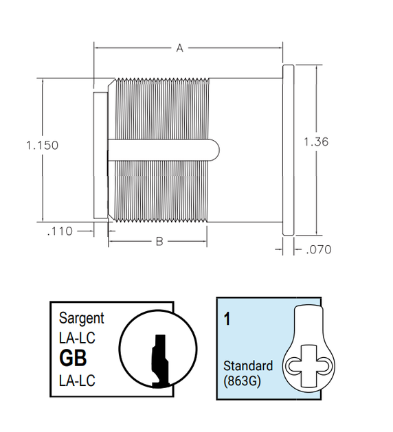 Kaba Ilco 7185GB1-KA2 1-1/8" Mortise Cylinder, Sargent LA-LC Keyway, Standard Cam, Keyed Alike in Pairs