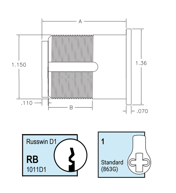 Kaba Ilco 7185RB1-KA2 1-1/8" Mortise Cylinder, Corbin Russwin D1 Keyway, Standard Cam, Keyed Alike in Pairs