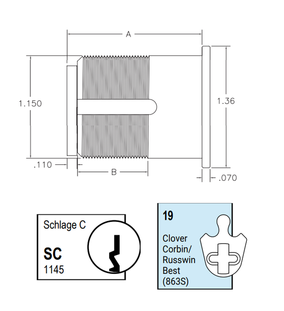 Kaba Ilco 7185SC19-KA 1-1/8" Mortise Cylinder, Schlage C Keyway, Corbin Russwin/Best Clover Cam, Keyed Alike