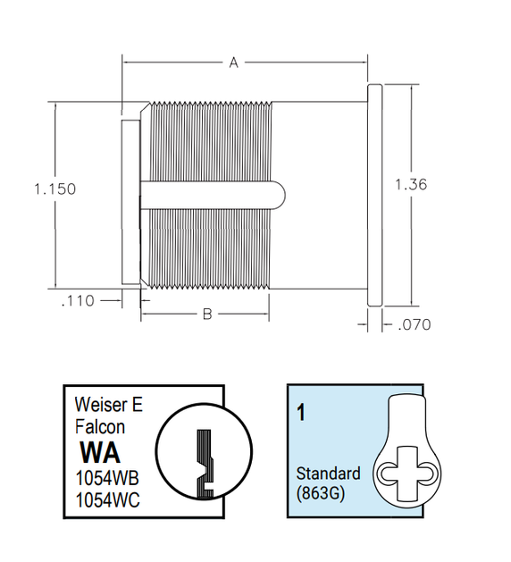 Kaba Ilco 7185WA1-KA2 1-1/8" Mortise Cylinder, Weiser E, Falcon Keyway, Standard Cam, Keyed Alike in Pairs