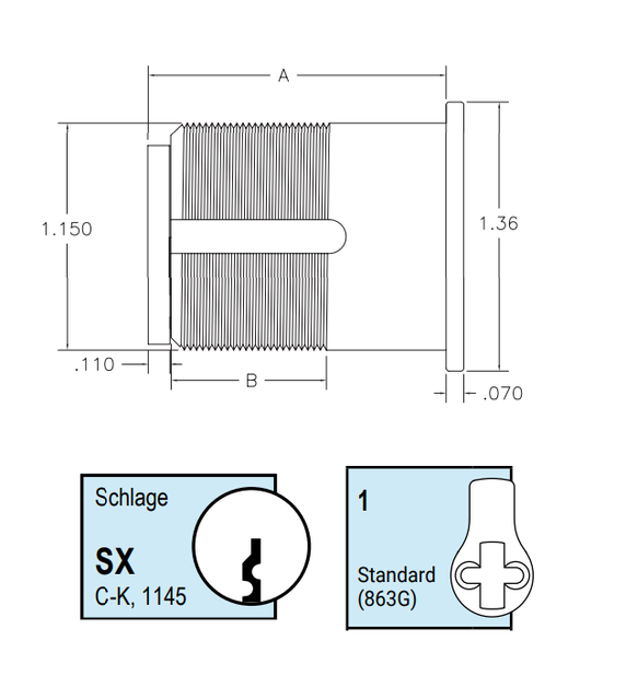 Kaba Ilco 7205SX1-KA2 1-1/4" Mortise Cylinder, Schlage C-K Keyways, Standard Cam, Keyed Alike in Pairs