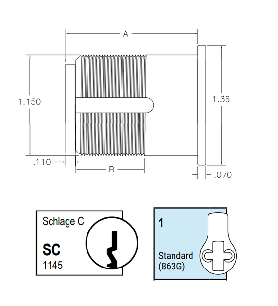 Kaba Ilco 7325SC1-KA2 2" Mortise Cylinder, Schlage C Keyway, Standard Cam, Keyed Alike in Pairs