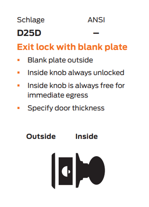 Schlage D25D ORB Exit Cylindrical Lock, Orbit Knob