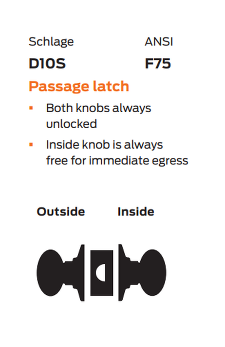 Schlage D10S PLY Passage Cylindrical Lock, Plymouth Knob