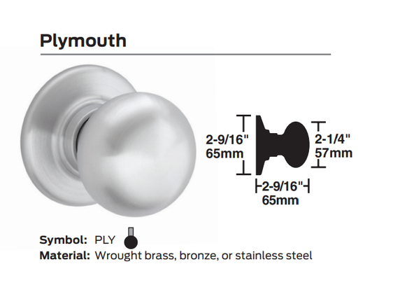 Schlage D10S PLY Passage Cylindrical Lock, Plymouth Knob