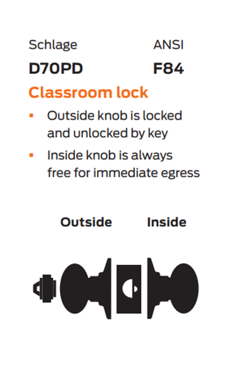 Schlage D70 PLY Classroom Cylindrical Lock, Plymouth Knob