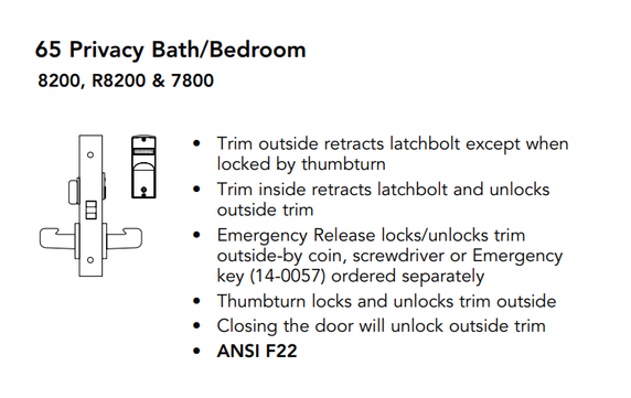 Sargent V40-8265 LNL Privacy Bath/Bedroom Mortise Lock w/ Unlocked/Locked Indicator