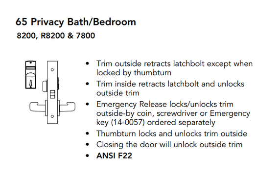 Sargent V01-8265 LNL Privacy Bath/Bedroom Mortise Lock w/ Unlocked/Locked Indicator