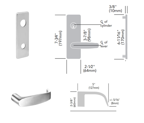 Sargent TR-8225 LSL Dormitory or Exit Mortise Trim Pack, LS Escutcheon, L Lever