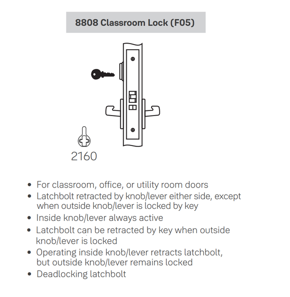 Accentra (Yale) MOR8808FL Classroom Mortise Lever Lock, Monroe Style