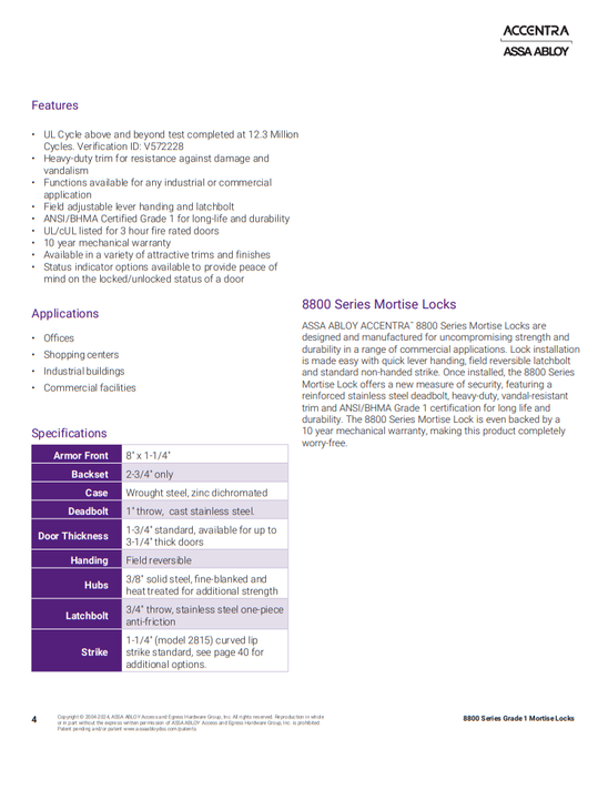 Accentra (Yale) PBR8832FL Hotel Mortise Lever Lock, Pacific Beach Style