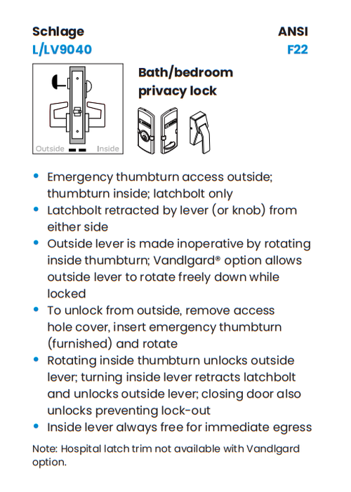 Schlage L9040 18L Mortise Bath/Bedroom Privacy Lock w/ 18 Lever and L Escutcheon