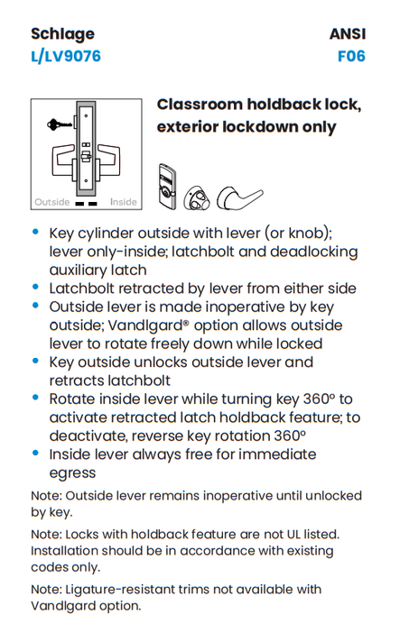 Schlage L9076P 03L Classroom Holdback Mortise Lock w/ 03 Lever and L Escutcheon