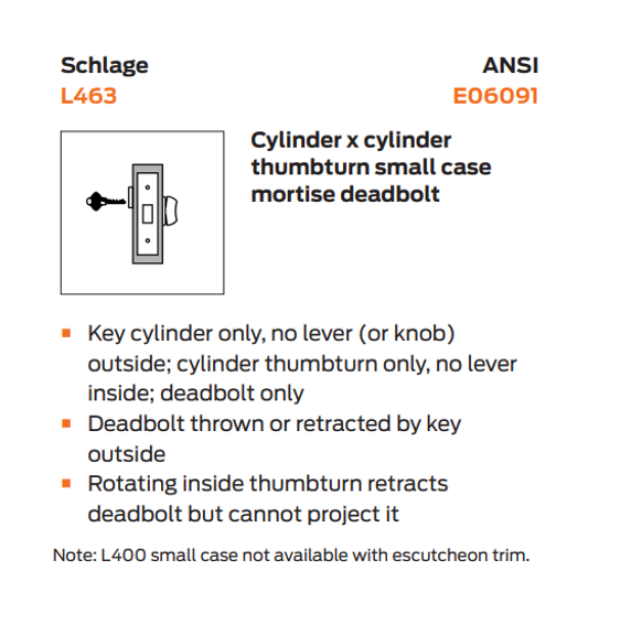 Schlage L463L Classroom Small Case Mortise Deadbolt, Less Cylinder