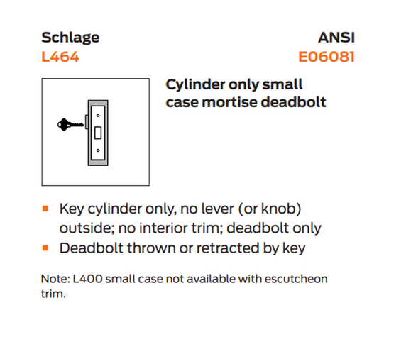 Schlage L464B Cylinder Only Small Case Mortise Deadbolt, Accepts Small Format IC Core (SFIC)