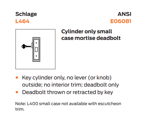 Schlage L464L Cylinder Only Small Case Mortise Deadbolt, Less Cylinder
