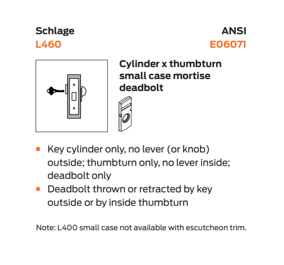 Schlage L460B L283-714 Cylinder x thumbturn Small Case Mortise Deadbolt w/ Symbols Only Indicator, Accepts SFIC Core