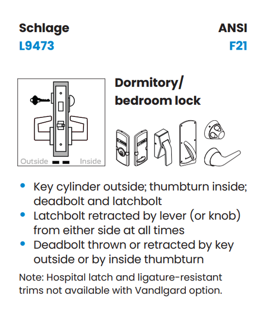 Schlage L9473L 18L Dormitory/bedroom w/ Deadbolt Mortise Lock, Less Cylinder