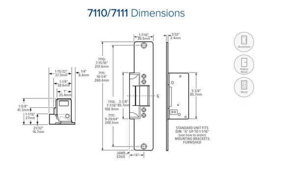 Adams Rite 7111 Electric Strike, 1-7/16" x 10-1/4" Flat Faceplate w/ Radius Corners for Aluminum, Hollow Metal or Wood Jamb