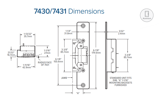 Adams Rite 7430 Ultraline Electric Strike w/ 1-1/4" x 6-7/8" Flat Faceplate for Aluminum Jamb