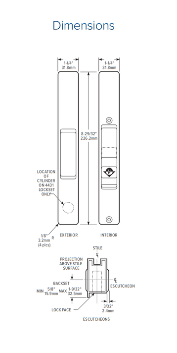 Adams Rite 4431-10-00-01-IB Flush Lockset w/ Cylinder and Square Lock Face, 1" to 1-5/16" Stile Thickness