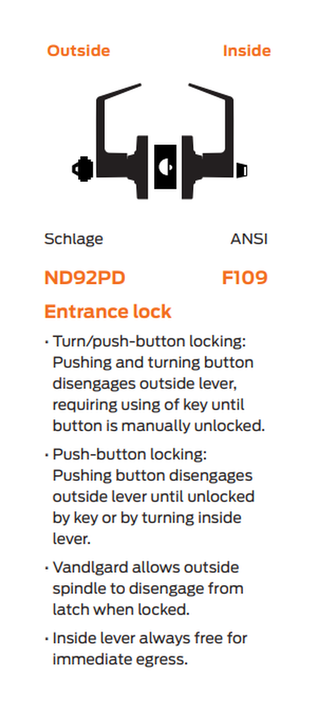 Schlage ND92LD SPA Vandlgard Heavy Duty Entrance Lever Lock, Less Cylinder