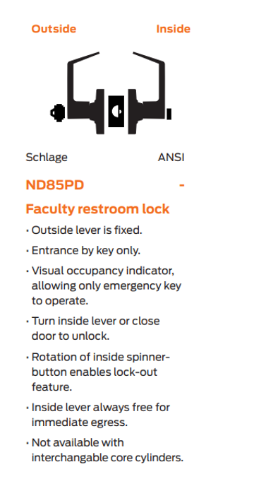 Schlage ND85LD RHO Heavy Duty Faculty Restroom Lever Lock, Less Cylinder