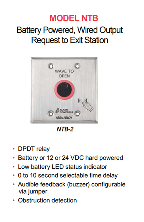 Alarm Controls NTB-2 Battery Powered No Touch Sensor w/ Double Gang Wall Plate