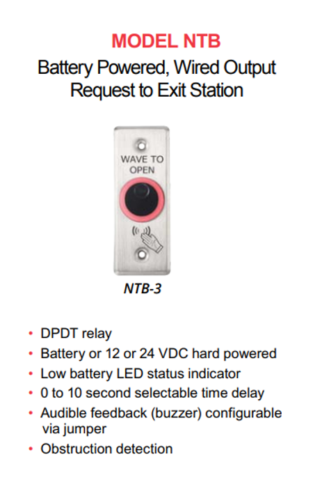 Alarm Controls NTB-3 Battery Powered No Touch Sensor w/ Narrow Stile Wall Plate