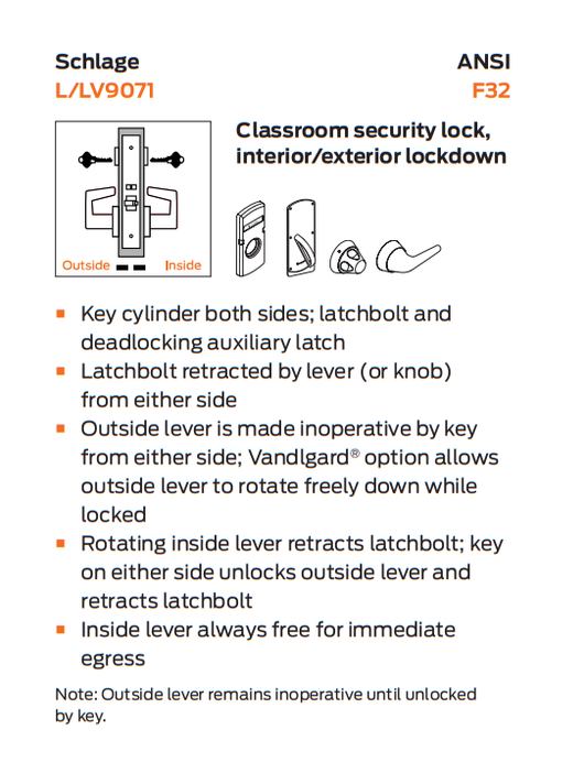 Schlage L9071L 06A L283-711 Classroom Security Mortise Lock w/ Interior Locked/Unlocked Indicator