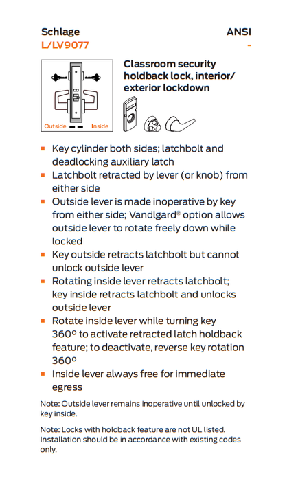 Schlage L9077L 06A L283-711 Classroom Security Holdback Mortise Lock w/ Interior Locked/Unlocked Indicator