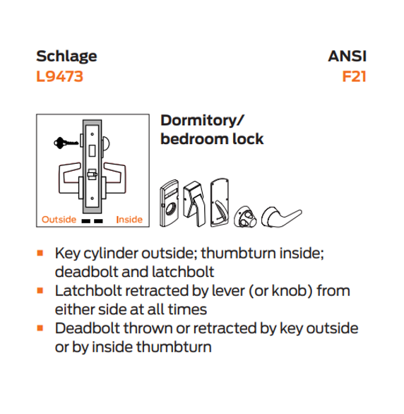 Schlage L9473L 06A L283-713 Dormitory/Bedroom Mortise Lock w/ Interior Do Not Disturb Indicator