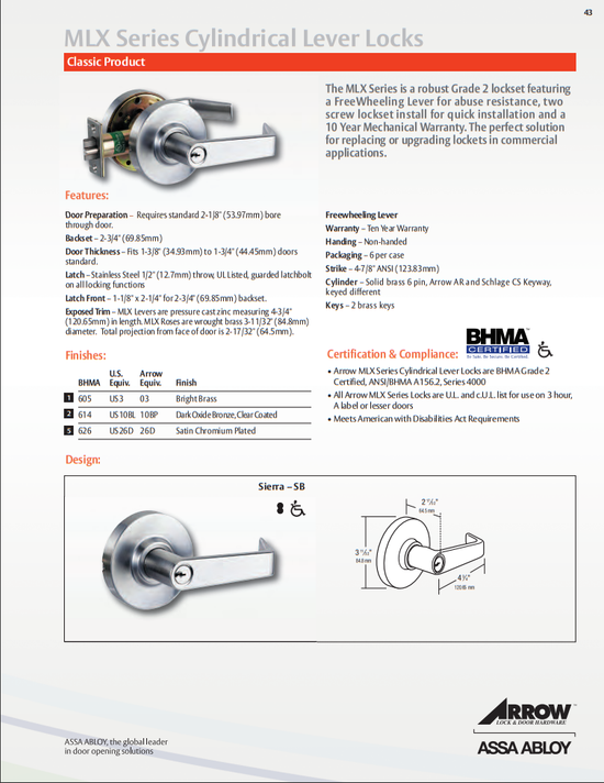 Arrow MLX08-SR Grade 2 Single Dummy Cylindrical Lever Trim w/ Sierra Lever Style