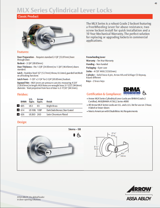 Arrow MLX02-SR Grade 2 Privacy Cylindrical Lever Lock w/ Rigid Sierra Lever Style