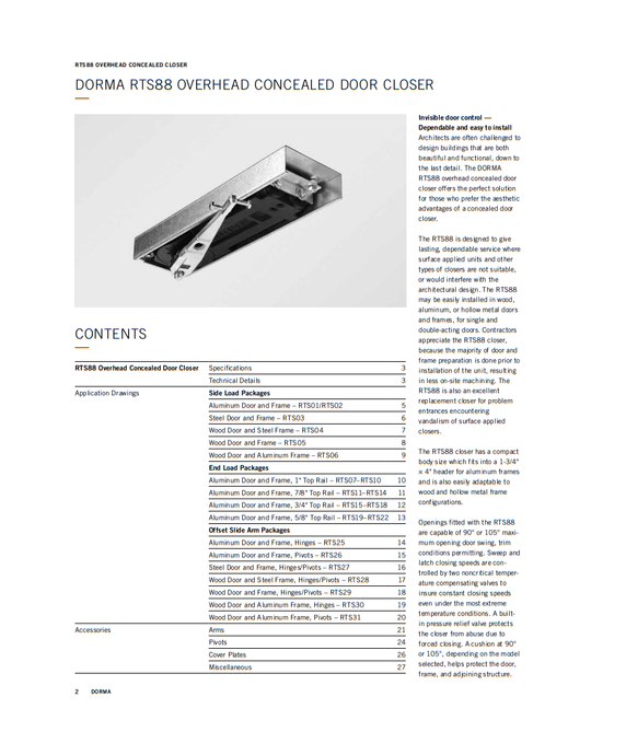 Dormakaba RTS01 90 Overhead Concealed Door Closer for Aluminum Door and Frame, Side Load, Double or Single Acting, 90 Deg. Swing