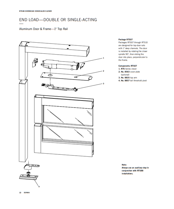 Dormakaba RTS07 90 Overhead Concealed Door Closer for Aluminum Door and Frame, End Load, Double/Single Acting, 90 Deg. Swing, 1" Top Rail