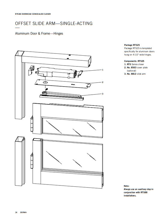 Dormakaba RTS25 105 Overhead Concealed Door Closer for Aluminum Door and Frame, Single Acting, 105 Deg. Swing, Hinge Hung