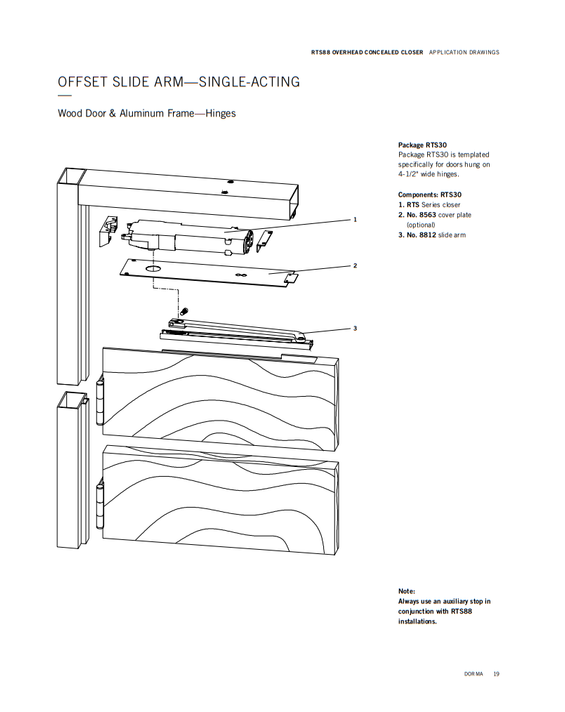 Dormakaba RTS30 105 Overhead Concealed Door Closer for Wood Door and Aluminum Frame, Single Acting, 105 Deg. Swing, Hinge Hung